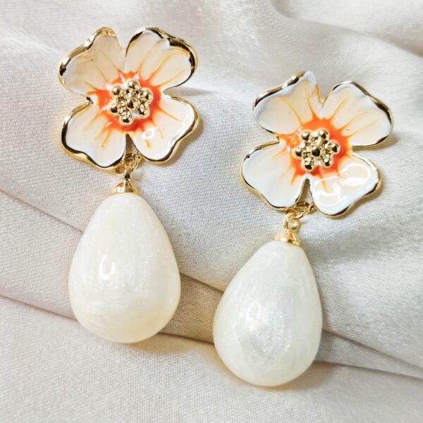 Floral Pearl White and Orange Enamel Earrings