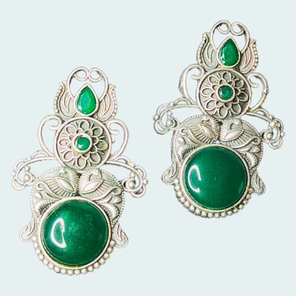 Oxidized Silver Emerald Green Statement Earrings