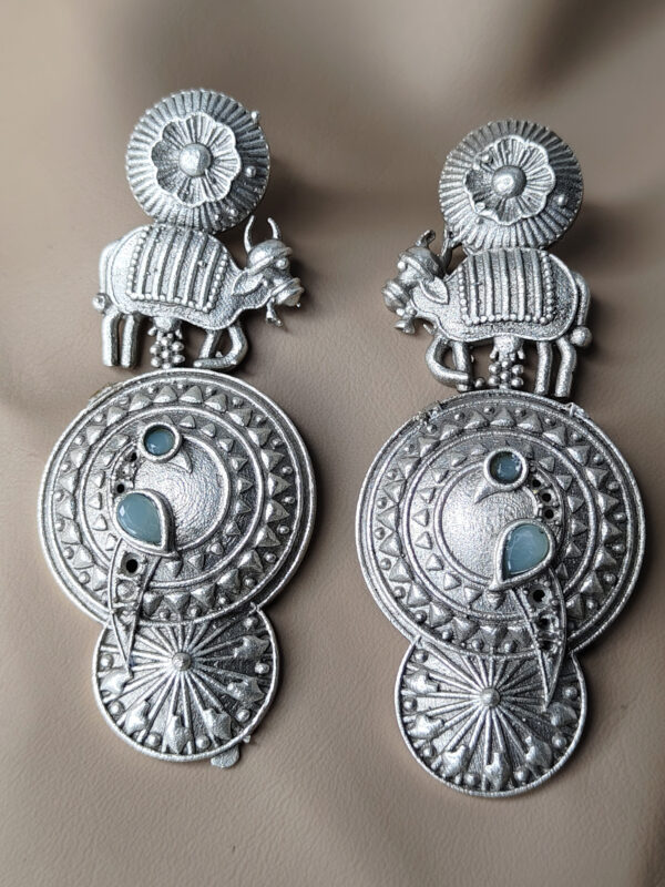 Oxidised Silver Tribal Motif Aqua Stone Statement Earrings