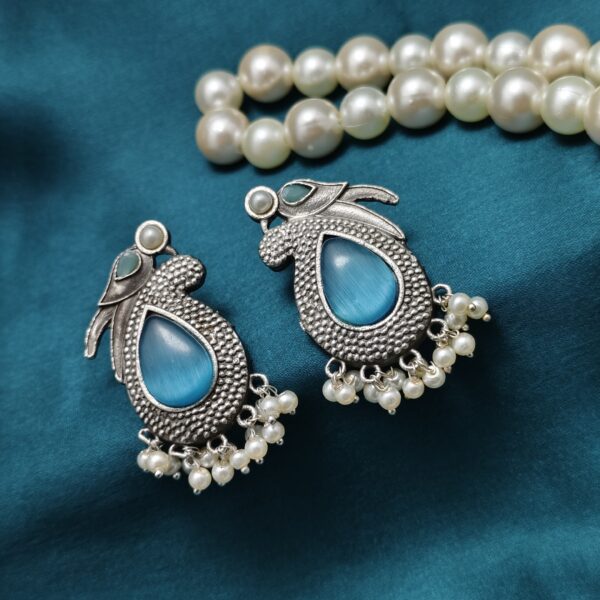 Oxidised Silver Aqua Blue Stone Pearl Drop Earrings