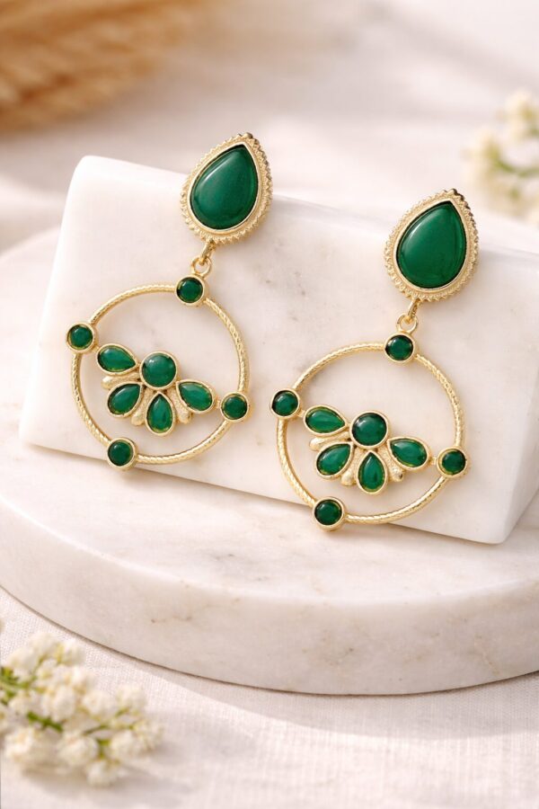 Gold Plated Floral Green Stone Dangle Earrings