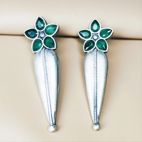 Oxidised Silver Long Drop Green Stone Earrings