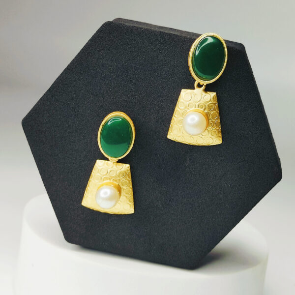 Gold Plated Green Stone & Pearl Statement Earrings