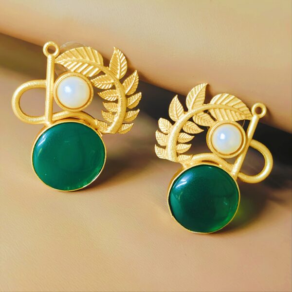 Gold Plated Green Stone & Pearl Leaf Design Earrings