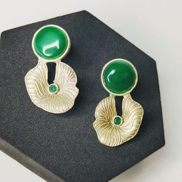 Matte Gold Abstract Earrings with Green Stone