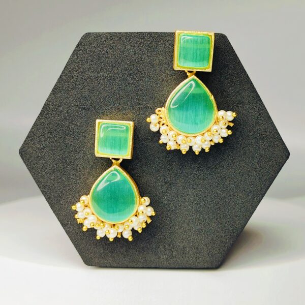 Gold Plated Green Stone & Pearl Cluster Earrings