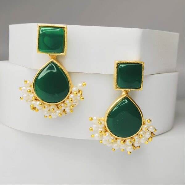 Gold Plated Emerald Green & Pearl Cluster Earrings