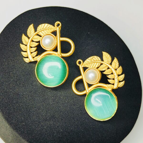 Gold Plated Green Stone & Pearl Leaf Designer Earrings