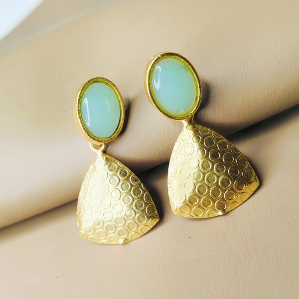 Gold Plated Mint Green Stone Textured Drop Earrings