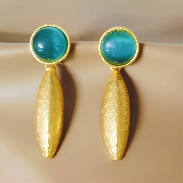 Gold Plated Green Stone Sleek Drop Earrings