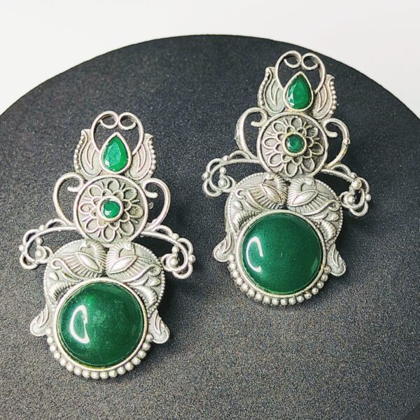 Oxidized Silver Emerald Green Statement Earrings