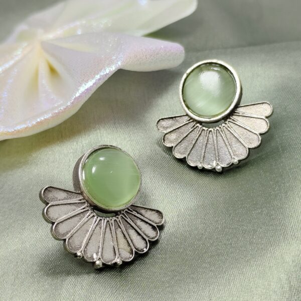 Oxidized Silver Pastel Green Fan Earrings