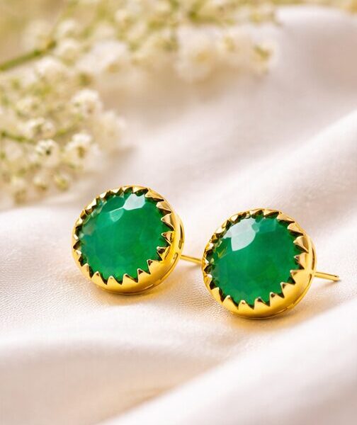 Classic Emerald Green Gold Stud Earrings