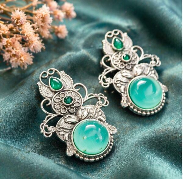 Traditional Oxidised Silver Green Stone Earrings