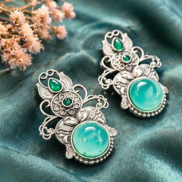 Traditional Oxidised Silver Green Stone Earrings