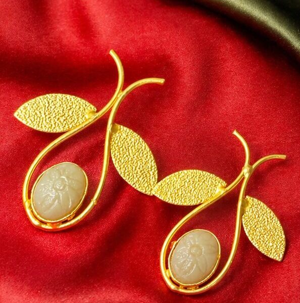 Gold Polish Leaf Vine Earrings with Carved Beige Stone