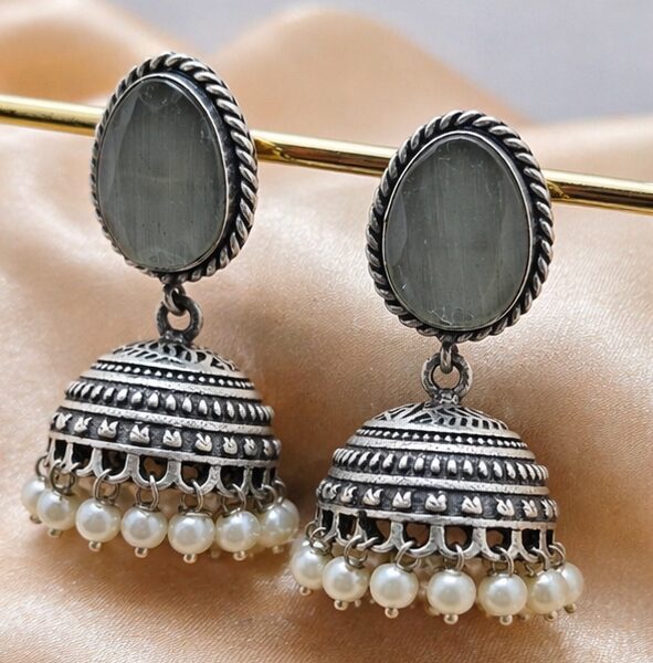 Antique Silver Jhumka Earrings with Grey-Green Stone & Pearls