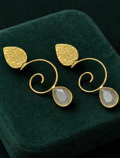 Gold Polish Swirl Earrings with Grey Teardrop Stone