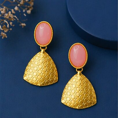 Gold Textured Drop Earrings with Peach Pink Oval Stone