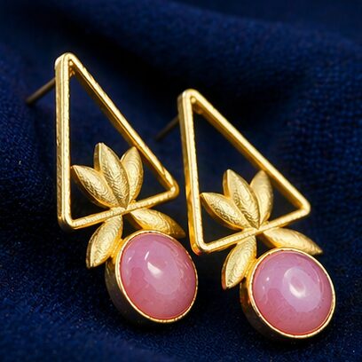Triangle Frame Gold Earrings with Pink Round Accent