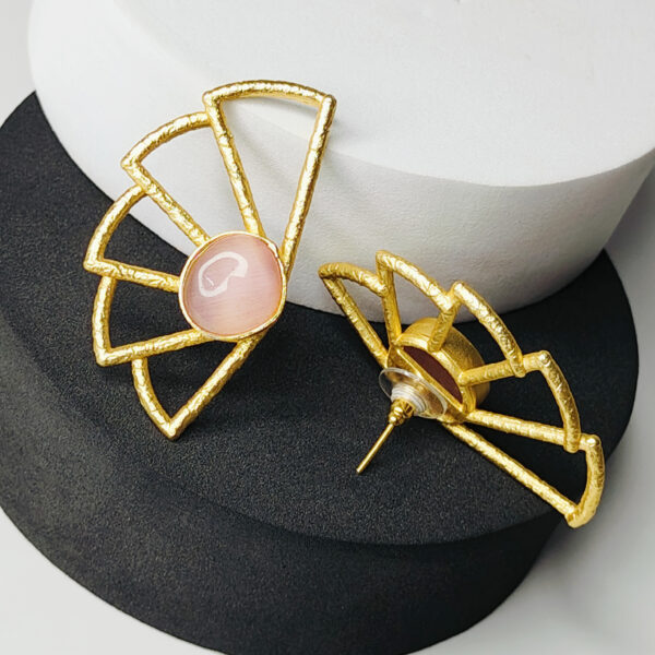 Textured Gold Sunburst Statement Earrings with Pink Stone