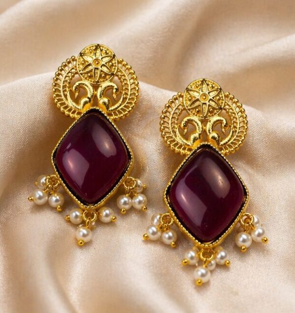 Gold Statement Earrings with Wine Red Stone & Pearl Drops