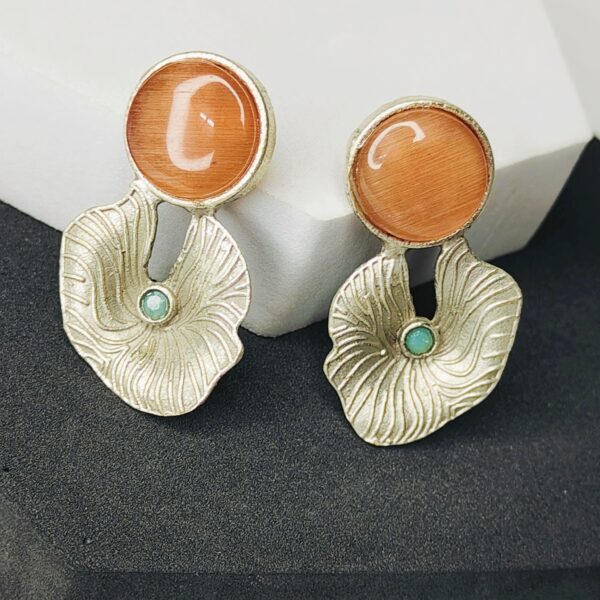Artistic Matte Gold Earrings with Orange Stone & Green Accent
