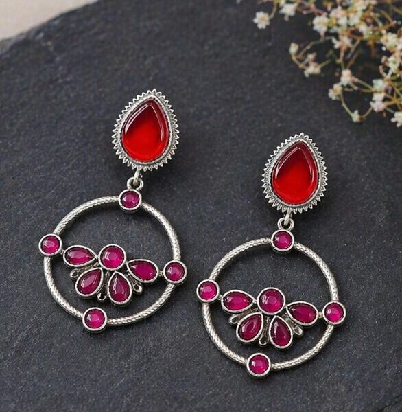 Oxidised Silver Earrings with Teardrop Red Accent