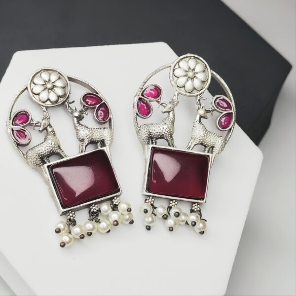 Ethnic Red Stone & Pearl Dangle Designer Earrings