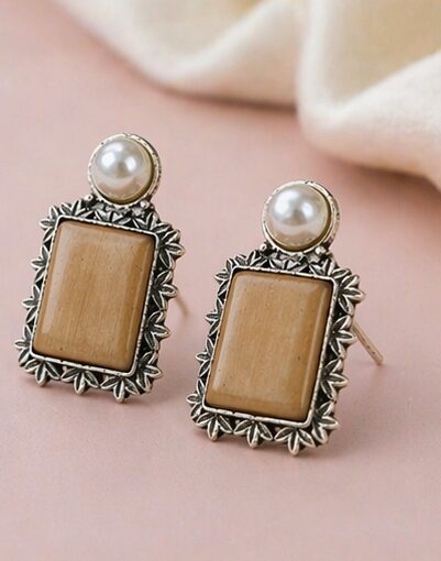 Oxidized Silver Peach Stone Pearl Stud Earrings
